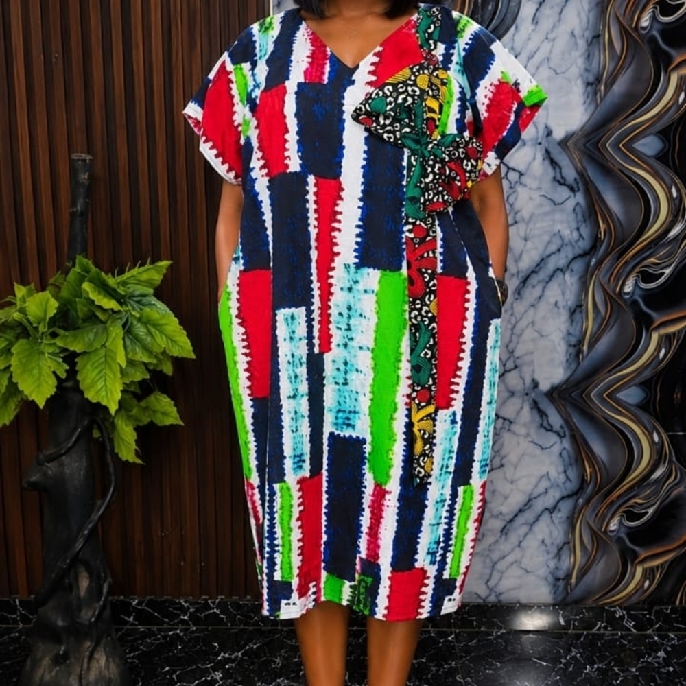 V-Neck Patchwork Midi Dress in Red, Blue & Green
